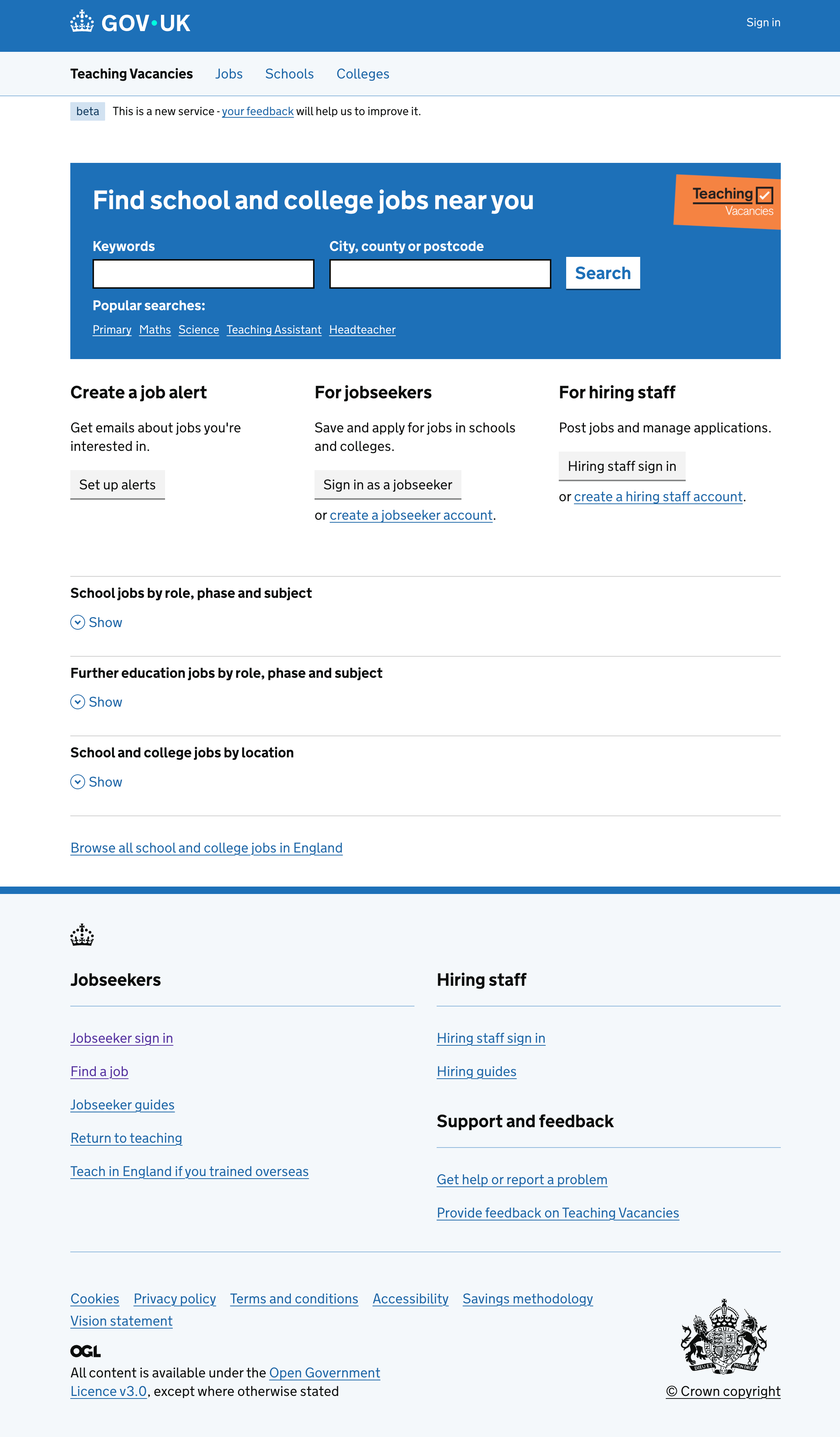 The redesigned Teaching Vacancies homepage.