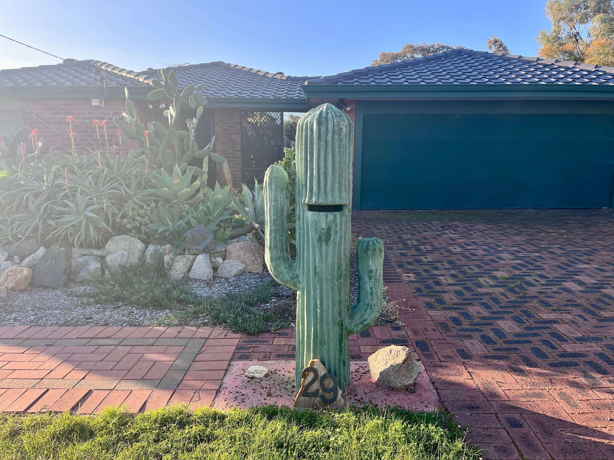 A hand-painted concrete cactus letterbox out the front of number 29, beside a rockery of succulents
